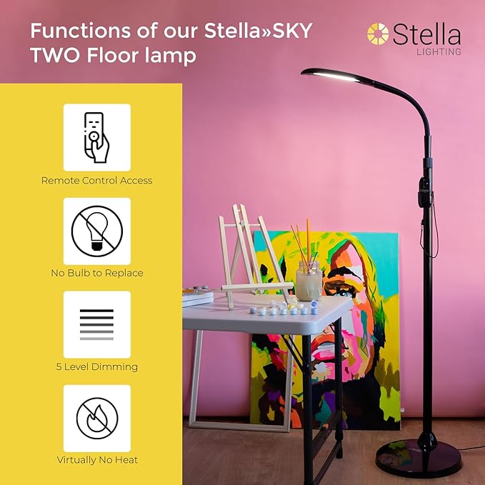 Stella Sky Two Premium 10W LED Task Light Floor Lamp - Black - Adjustable Dimmable Low Vision Natural Sunlight - Bright Macular Degeneration Lighting - Hobby, Crafting, Sewing, Artist, Reading, Office