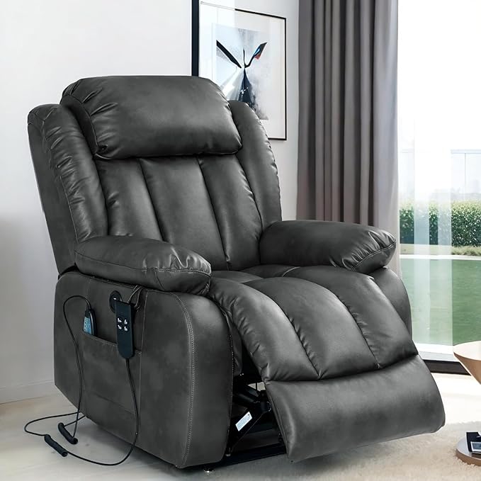 TEKAMON Power Lift Recliner Chair for Elderly with Heat & Massage, Dual Motor Breathable Leather Recliner, Lay Flat Sleeping Chairs with Infinite Position, RemoteControl & USB Ports(Silver Grey)