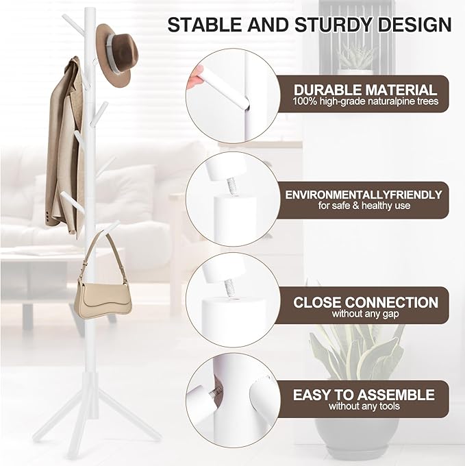 2 PCS Coat Rack, Freestanding Coat Rack with 8 Hooks and 3 Adjustable Size Tree Coat Racks for Bedroom, Hallway, Entrance, Office, for Hats, Coats, Scarves, Handbags