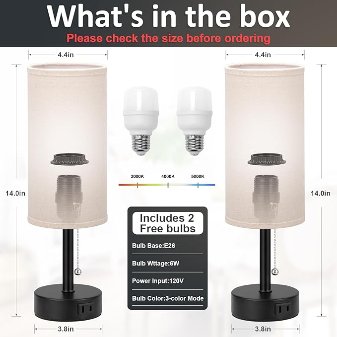 Bedside Table Lamps Set of 2-3 Color Temperatures Pull Chain Lamp with AC Outlet Charging Port, Round Night Stand Lamps for Bedroom Guest Room Office, Small Bed Side Light with E26 LED Bulbs