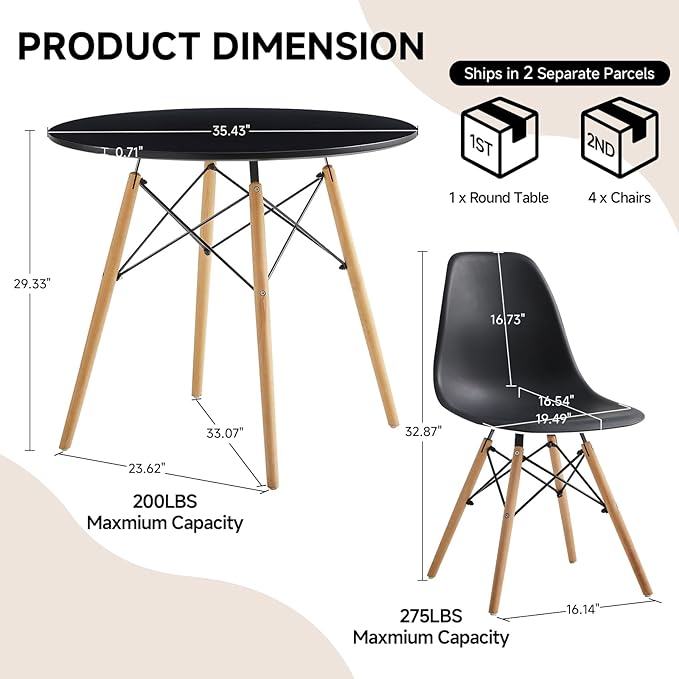 Round Dining Table Set for 4 35.5" Wood Dinner Table Circle Dining Table Kitchen Table Chairs Set of 4 with Wood Strip Base for Kitchen Living Room Space Saving Apartment(Black)
