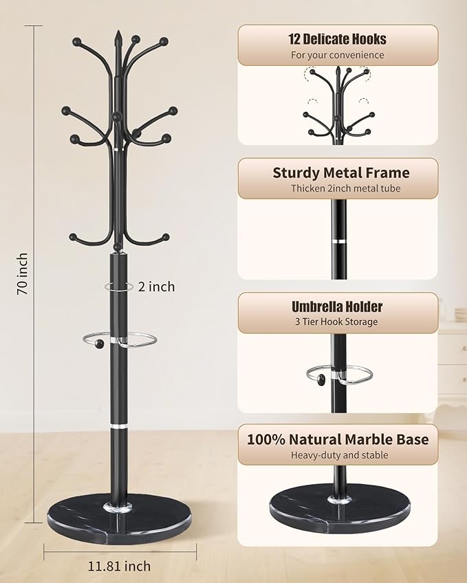 Metal Coat Rack with Natural Marble Base, Coat Rack Stand with 12 Hooks & Umbrella Holder, Black Modern Freestanging Coat Racks, Coat Jacket Hanger Tree Stand for Corner Entryway Office
