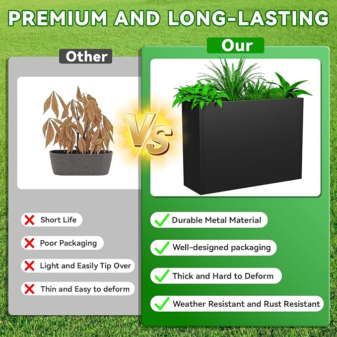 Tall Metal Planter Box, 38" L x 10" W x 30" H Large Outdoor Planters with Drainage & Adjustable Shelf, Heavy Duty Steel Rectangular Planter for Patio, Balcony, Indoor(Black)
