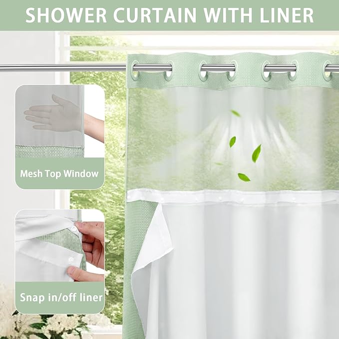 YellyHommy No Hook Shower Curtain with Snap in Liner Set Less Time Waffle Shower Curtain for Bathroom 75" L x 72" W Mint Green