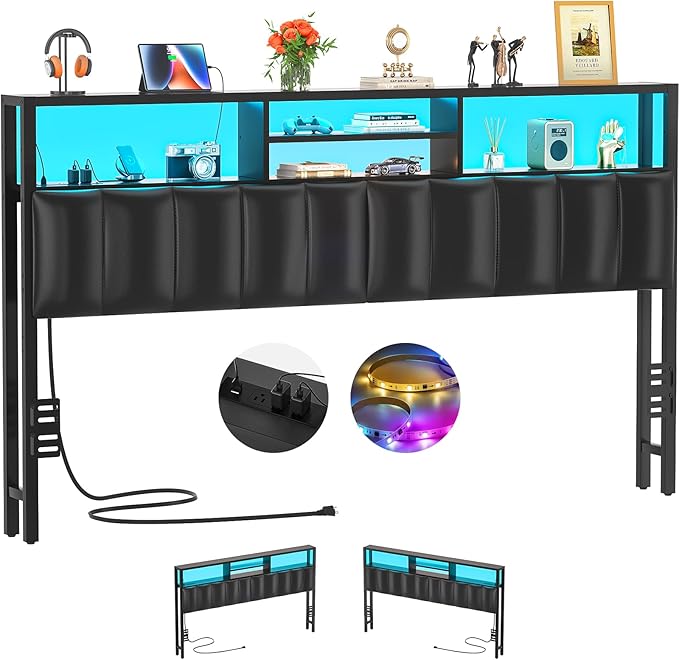 Aheaplus Headboard for King Size Bed with Storage, Upholstered Headboards with Outlets, USB Ports and LED Light, Reversible King Size Head Board, Height Adjustable, Comfortable Headboard, Black