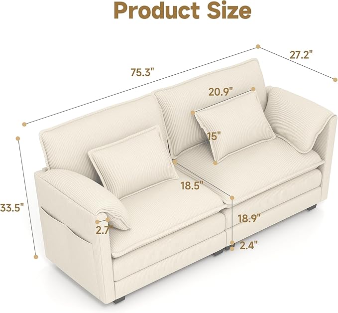 Real Relax 75.3'' Modular Sectional Sofa, Loveseat Corduroy Convertible Couch with 4 Pillows and 2 Armrest Pillows for Living Room, Office and Leisure Places, Beige