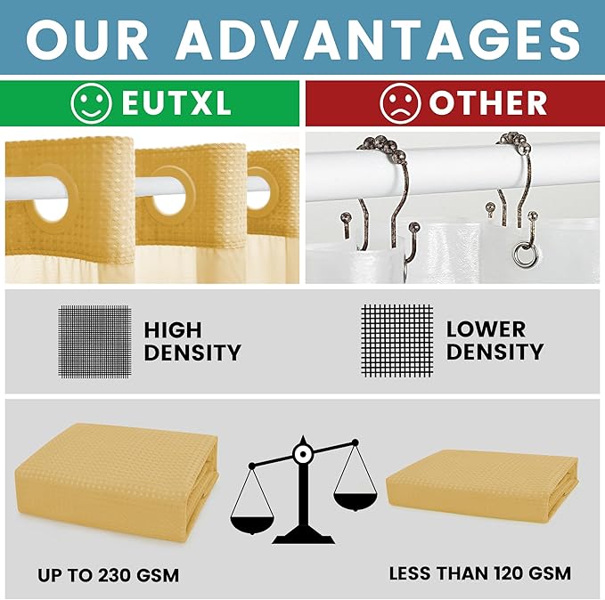 Gold Hotel Shower Curtain - 230GSM Waffle Textured Heavy Duty Thick Fabric Shower Curtains for Bathroom,71W x 74H