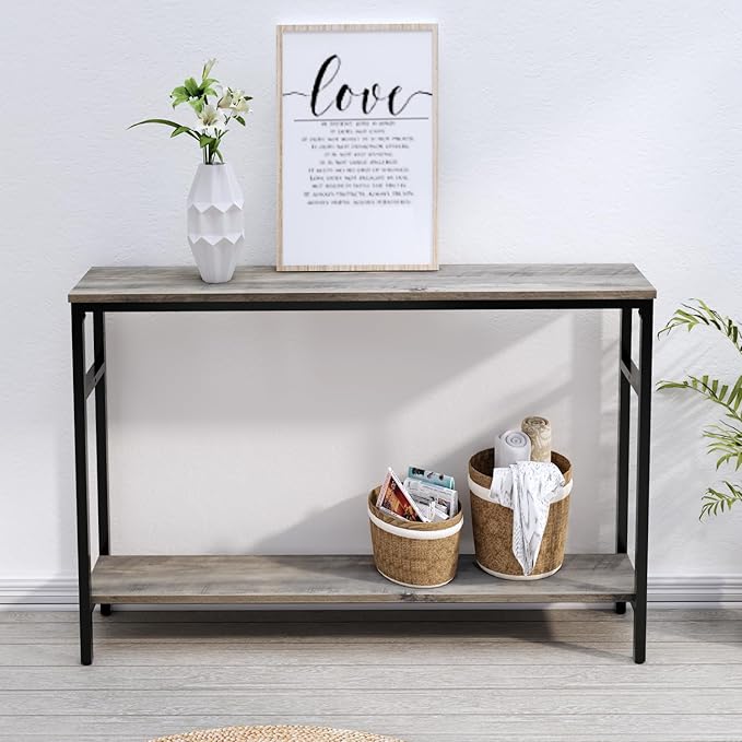 Narrow Console Table, 47 Inch Sofa Table with Adjustable Shelf, 2-Tier Long Skinny Table for Hallway, Entryway, Living Room, Foyer, Grey