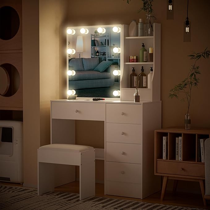 Vanity Desk with Mirror, Lights Bulbs and 10 Lights Makeup Vanity Table with 6 Drawers and 6 Storage Shelves, 3 Color Modes Available for Bedroom Dressing Room, White