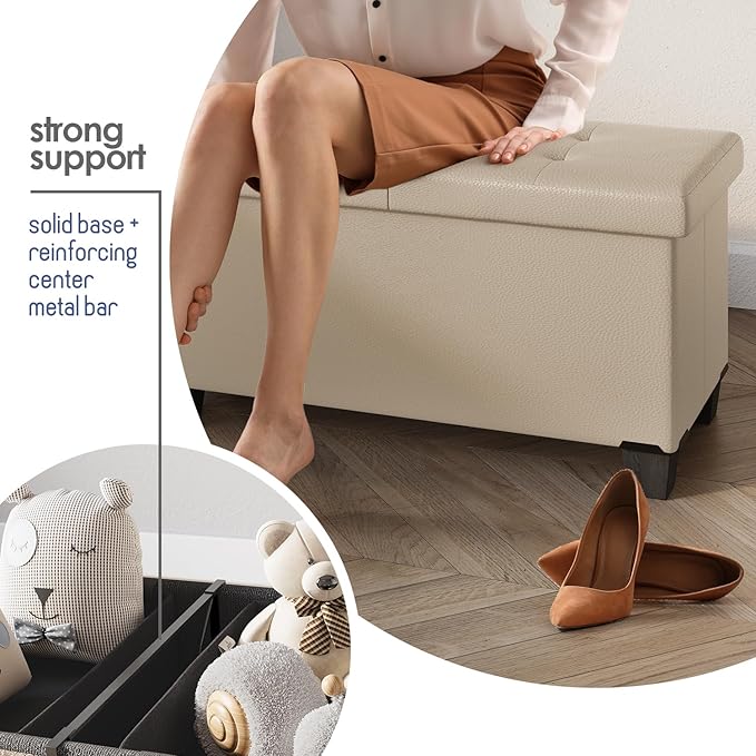 STORAGEBUD Storage Ottoman Bench with Bins, 43-in Storage Bench for Bedroom End of Bed, Folding Foot Rest Ottoman for Living Room Max 660lbs, Faux Leather Ottomans, Beige