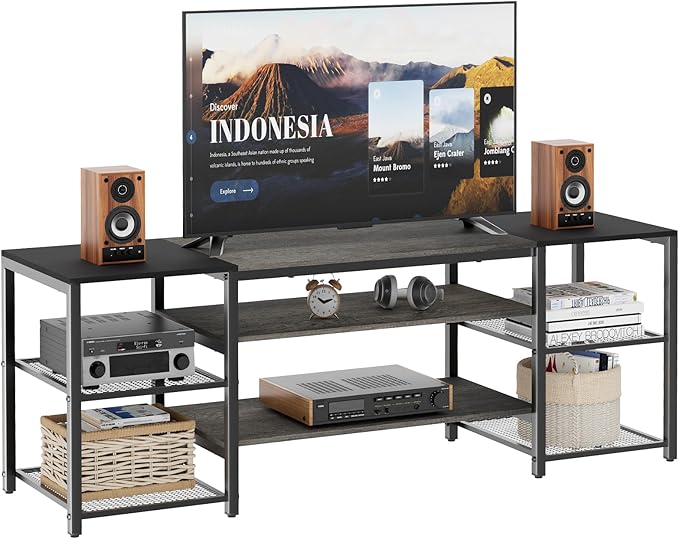 Modern Television Stand for 65 Inch TVs with Industrial Color Grey & Black, Metal Frame Storage Shelves with Open 3-Tier for Entertainment Center, Bedroom, Living Room
