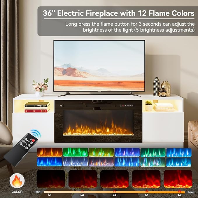oneinmil 70" TV Stand with 36" Electric Fireplace, Large Modern Media Entertainment Center with Storage Cabinet and 12 Colors LED Lights for TVs Up to 80", White and Black