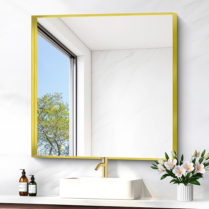 Gold Bathroom Mirror, 30x30 Inch Rectangular Framed Mirror, Large Wall Mounted Bathroom Vanity Mirror Over Sink for Bedroom,Restroom, Living Room, Hangs Vertically or Horizontally