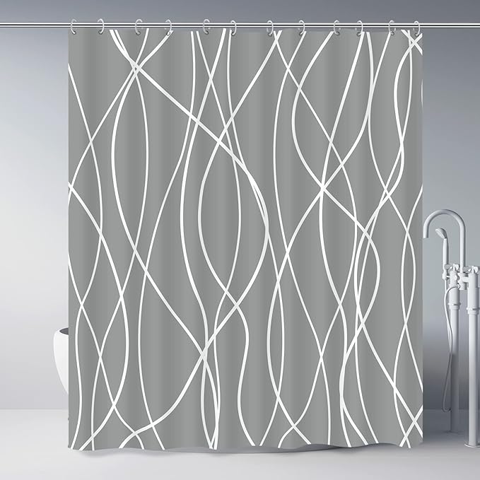 Punkray Dark Grey Shower Curtain for Bathroom with Hooks Shower Curtain Set, White Stripe Bath Curtains Decorative Shower Curtains Water Repellent Washable, 72 x 72
