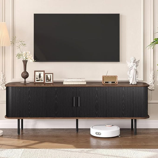 63" Modern Fluted TV Stand for TVs up to 75 Inch , Gaming Entertainment Center with Tambour Slatted Sliding Doors and Storage Cabinet, Media TV Consoles Table for Living Room, Office, Black