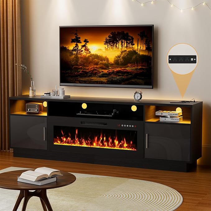 80'' TV Stand with 42'' Fireplace - LED Light Entertainment Center for 90 inch TVs - Black Cabinet with Storage, Modern Console for Living Room
