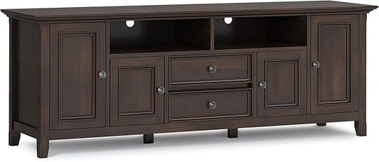 SIMPLIHOME Amherst 72-inch Wide Solid Wood TV Stand in Brunette Brown, Transitional-Style Media Console for Living Room with Cable Management and Adjustable Shelves, Fits 80" TVs