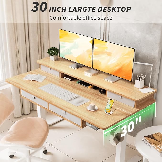 Kingant Standing Desk with Fast Charging USB Ports, 55" x 30" Height Adjustable Home Office & Gaming Desk, Sit Stand Desk with Built-in Storage Shelf, Hook & Ergonomic Design(Maple)