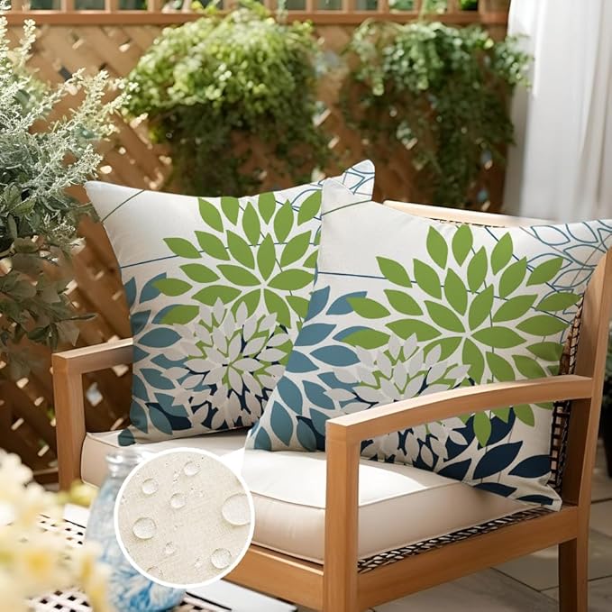 RABUSOFA Outdoor Pillow Covers 18x18 Inch Set of 2 Green Blue Flower Decorative Waterproof Spring Summer Floral Outdoor Cushion Covers for Patio Funiture Garden Couch Decor