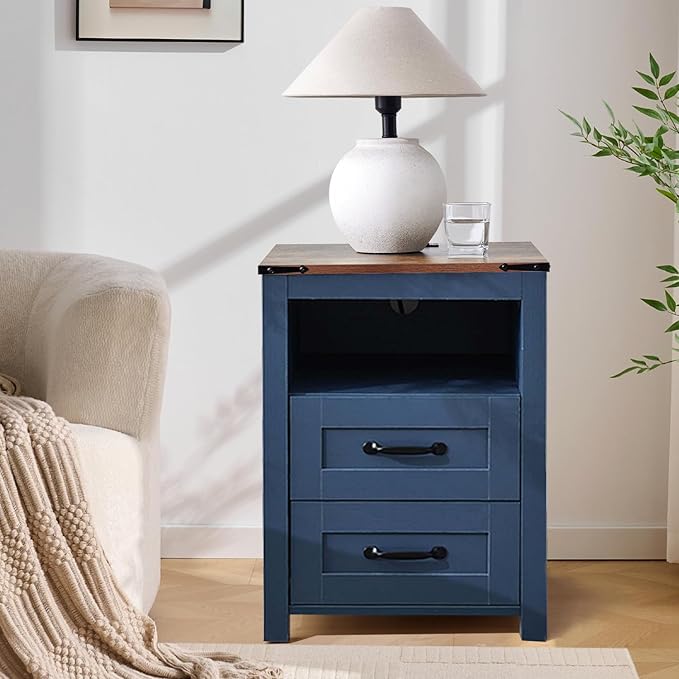 Farmhouse Night Stand Set of 2, Rustic Blue Nightstand for Bedroom, End Tables with Charging Station, Bedside Table with Drawers, Wood Bedside Cabinet Dresser