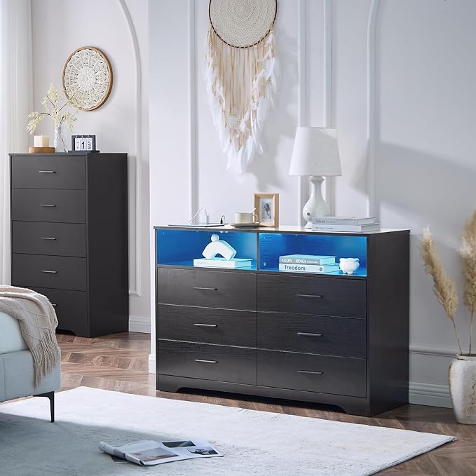 LIDYUK Dresser for Bedroom, Wood Dresser with 6 Drawers, Modern Minimalist Dressers & Chest of Drawers with Charging Station & LED Lights, 48 Inches TV Stand for Bedroom, Living Room, Black