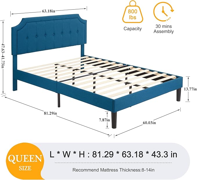VECELO Queen Size Platform Bed Frame with Fabric Upholstered Headboard and Wooden Slats Support, No Box Spring Needed/Easy Assembly,Blue