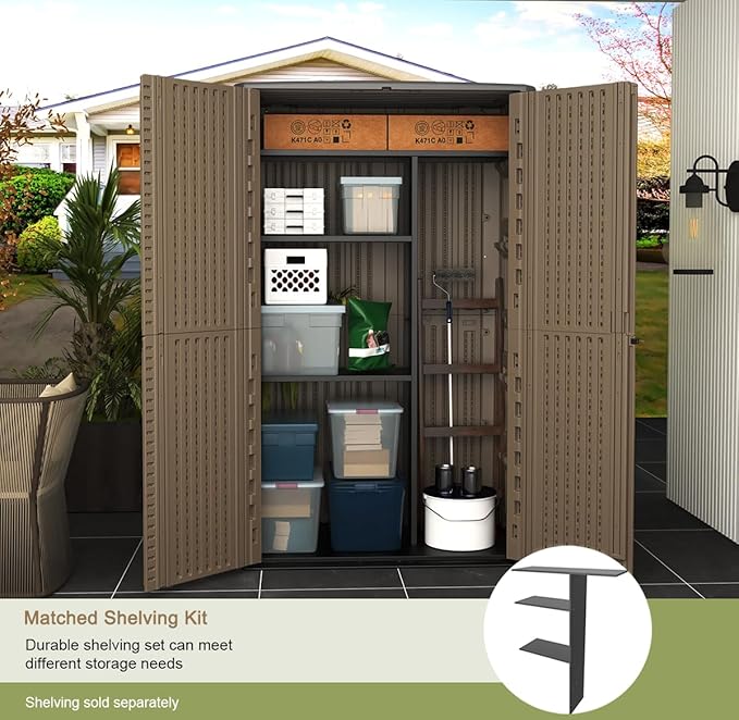 KINYING Outdoor Storage Shed Waterproof, Resin Vertical Outdoor Storage Cabinet for Patio Furniture, Garden Tools, Pool Accessories, Mower Storage (66 Cu.ft, Dark Brown)