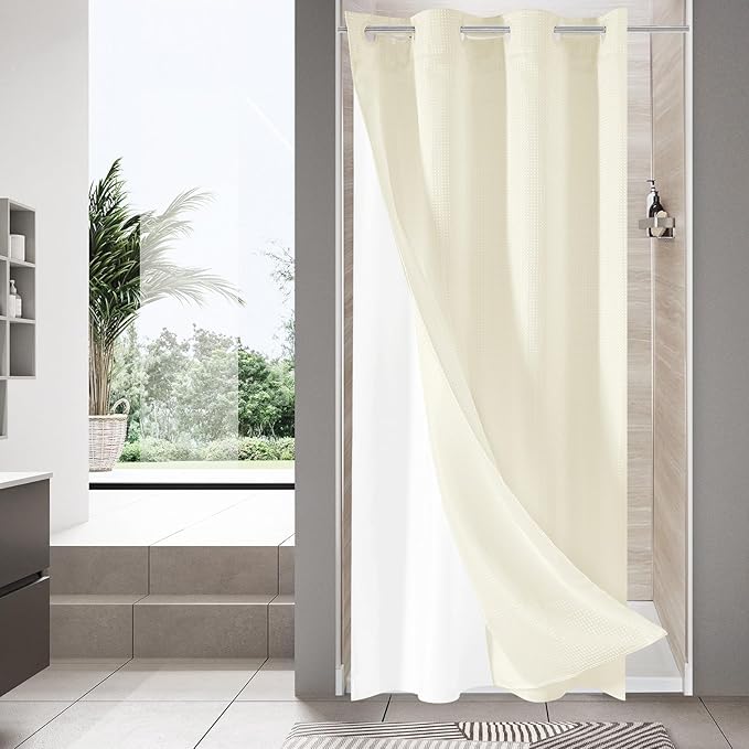 MitoVilla Ivory Waffle Small Stall Shower Curtain 36 x 74, No Hooks Required Half Size Narrow Fabric Cloth Shower Curtain Set with Snap-in Liner for Modern Bathroom Decor, Ivory/Beige