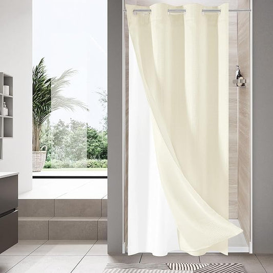 MitoVilla Ivory Waffle Small Stall Shower Curtain 36 x 74, No Hooks Required Half Size Narrow Fabric Cloth Shower Curtain Set with Snap-in Liner for Modern Bathroom Decor, Ivory/Beige