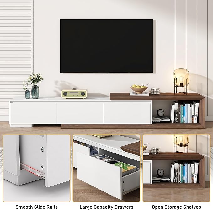 Extendable TV Stand with 3 Drawers, Modern Minimalist Entertainment Center, Reversible Long TV Media Console, Bevel Design, 82-107.3 Inch, White & Walnut