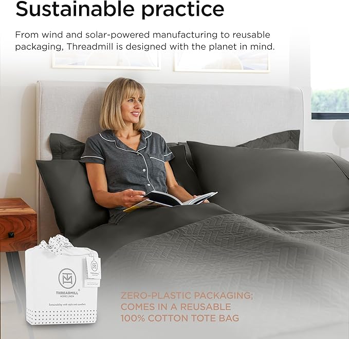 Threadmill Luxury 800 Thread Count Queen 100% Cotton Sheets - Dark Grey Sateen Weave Bed-Sheets, Better Than Egyptian Cotton,4 Pc Solid Soft Bedding Set, Fits 16" Deep Pocket