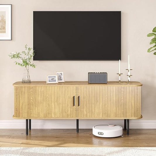 55" Natural Fluted TV Stand for TVs up to 65 Inch, Gaming Entertainment Center with Tambour Slatted Sliding Doors and Storage Cabinet, Media TV Consoles Table for Living Room, Office