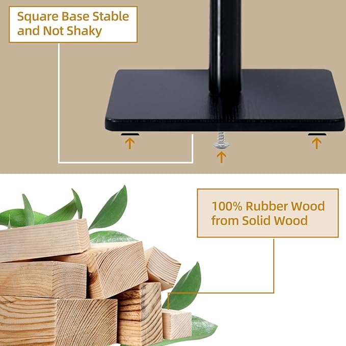 Yawinhe Coat Rack, Sturdy Woode Stand Tree with 8 Hooks, 3 Adjustable Height for Bedroom, Hallway, Entrance, Office, 11.8 x 70.8 inches, Black, 1-Pack, Square Base