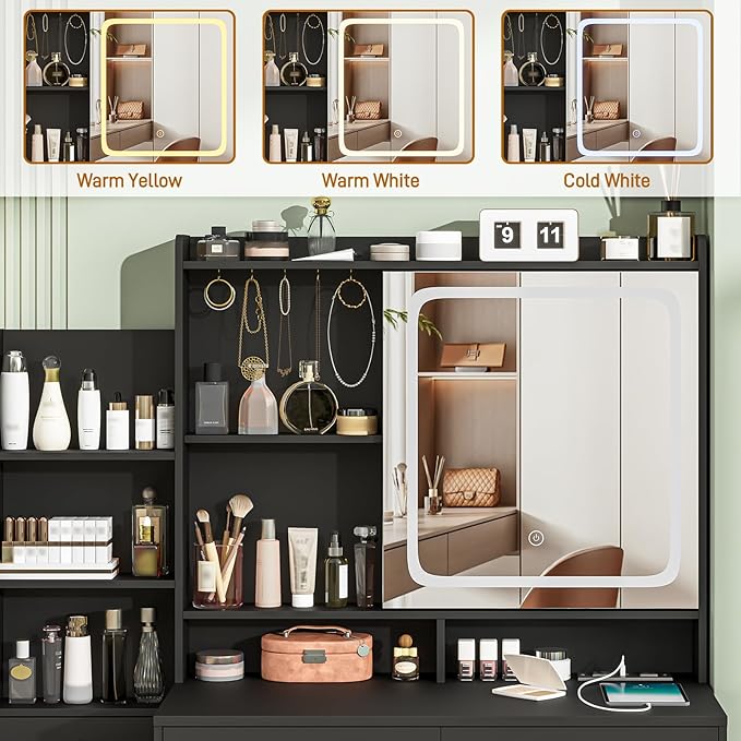 Vabches Makeup Vanity with LED Lights Mirror and Charging Station, Vanity Desk with Multiple Shelves and Drawers, Makeup Desk with Stool, Dressing Desk with 3 LED Light Models for Bedroom, Black