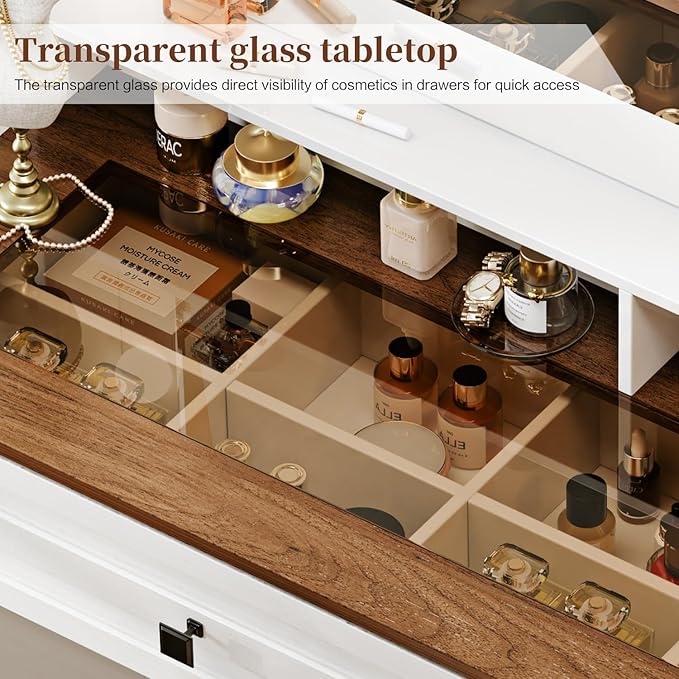 43" Large Vanity Desk with Mirror and Lights,Makeup Vanity with 10 Lights，Modern Makeup Table with 5 Drawers，Open Shelves for Bedroom Makeup Room，Cream