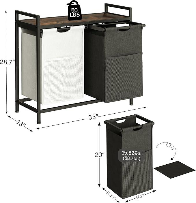 Laundry Hamper with Shelf, Laundry Basket 2 Section, Laundry Sorter with Pull-Out Removable Large 2 Color Bags and Movable, Metal Frame, 2 x 15.87 Gallons (60L), Rustic Brown PF06XLN