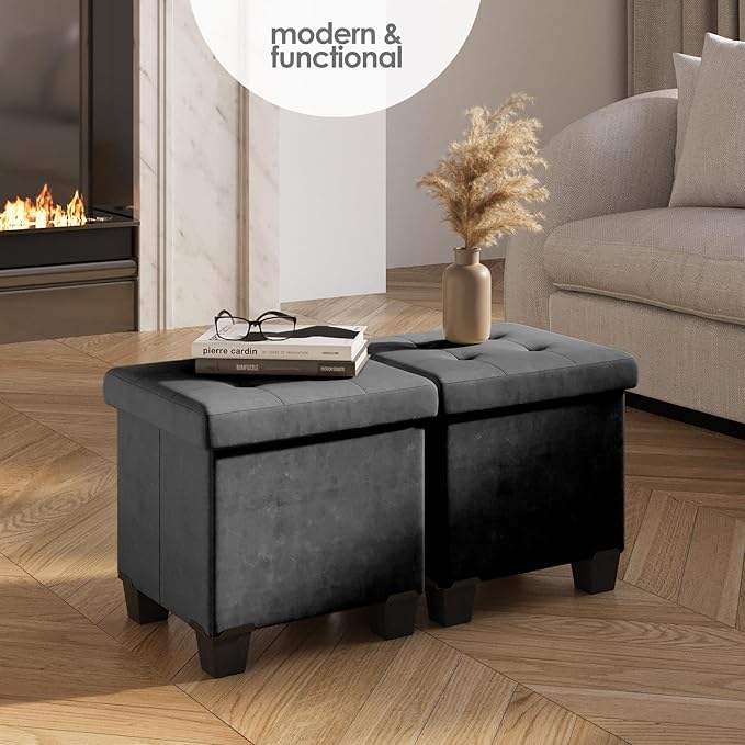 STORAGEBUD Storage Ottoman Cube with Small Bin, 15-in Square Ottoman with Storage for Living Room and Bedroom, Small Ottomans Foot Rest, Velvet Foot Stools Ottomans Max 330lbs, Grey