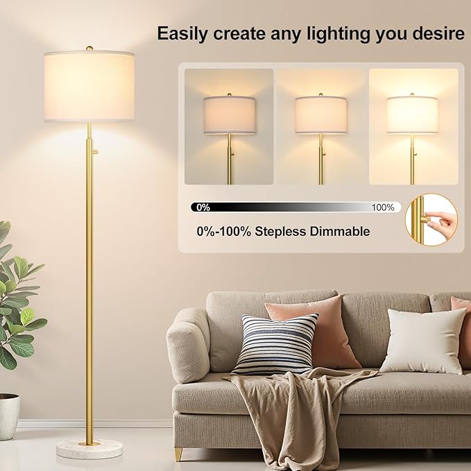 【Upgraded】Dimmable Gold Floor Lamp for Living Room, 11W LED Bulb Included, Modern Standing Lamp with Marble Base, Tall Pole Light with White Linen Shade for Bedroom Reading Office Corner Nursery