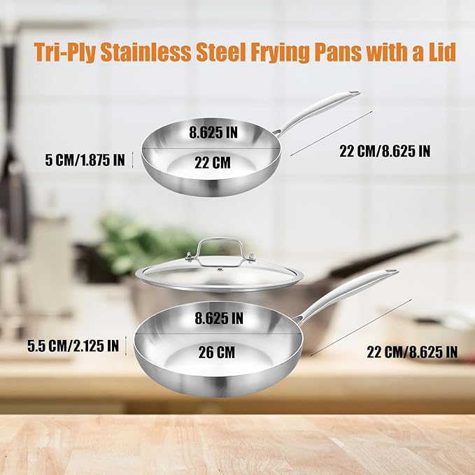 Inqibee 8.5-10 Inch Tri-Ply Stainless Steel Frying Pans with a Lid,Small Sauté Pan Set,Skillets,Induction Cooking Pan,Pots and Pans Set Heavy Duty and Oven Safe.