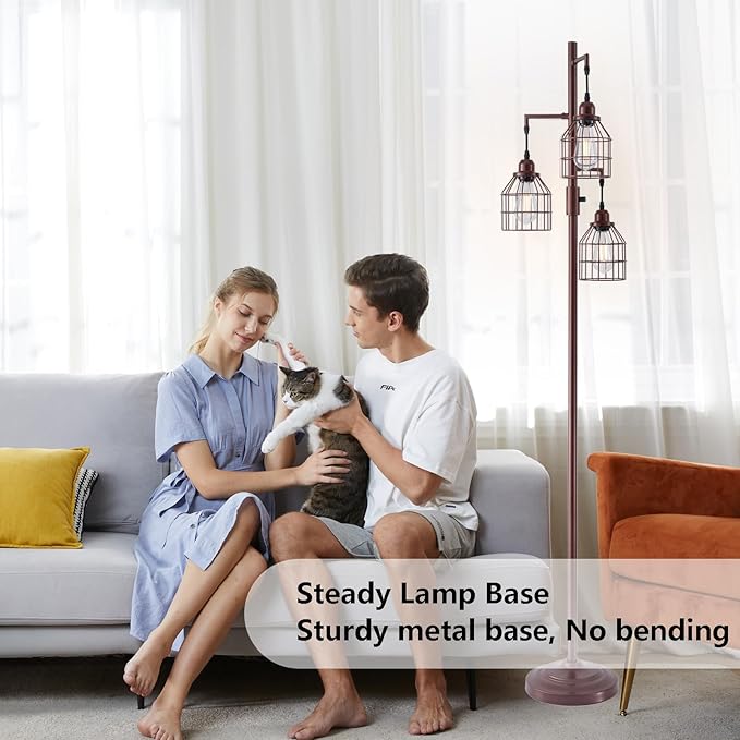 9MMML Floor Lamp for Living Room, Farmhouse Industrial Dimmable Floor lamp, 3 Lights Metal Cage Tree Standing Lamp,68", 3Pcs LED Bulbs Included