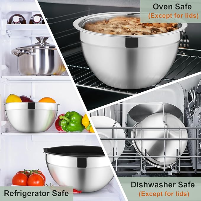 P&P CHEF Mixing Bowls with Lids Set of 6, Stainless Steel Nesting Salad Bowl & 3 Grater Attachments for Prepping Storing, 4.6/2.6/2/1.5/1/0.7 QT, Black