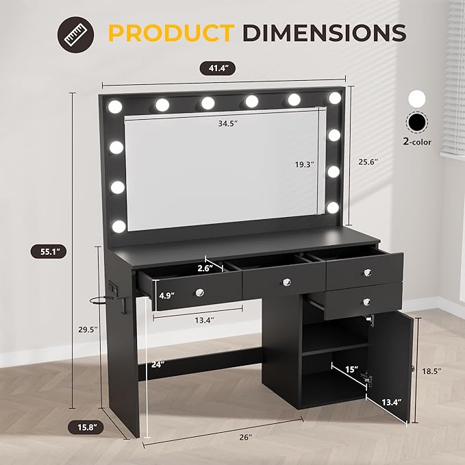 Vanity Desk with Mirror and Lights, 41.4'' Makeup Vanity Desk with 4 Drawers and Large Cabinet, 3 Lighting Modes Adjustable Brightness, Black Vanity with Power Outlet for Bedroom