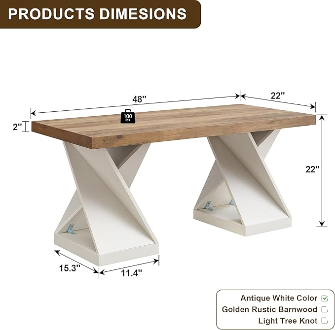 OKD Modern Coffee Table, 48" Twisted Center Table with Wood Thickened Pedestal, Rectangular Rustic Living Room Table, Farmhouse Storage Low Cocktail Tea Table, Antique White