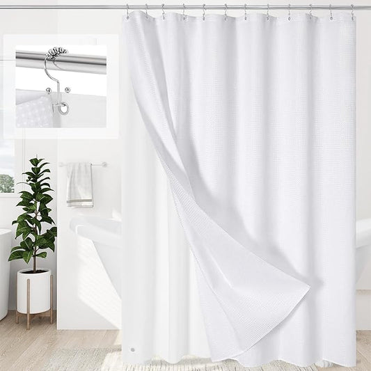 3 in 1 Extra Long Shower Curtain Set-72 W x 84 H, White Waffle and PEVA Liner Set with 12 Stainless Steel Hooks, Waterproof Fabric for Bathroom