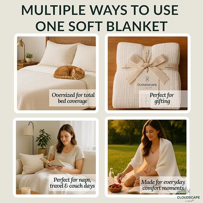 Extra Large 4 Layer Muslin Throw Blanket, 100% Cotton Blanket for Couch, Bed,Sofa, Home Decor,Pre-Washed Gauze, Best Summer Blanket, 50x70, White