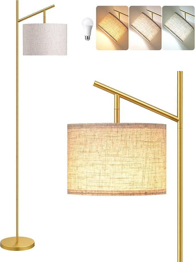 EDISHINE 64.7" Modern Minimalist Floor Lamps for Living Room with 3 Color Temperatures Bulb & Adjustable Linen Shade, Foot Pedal Switch, Tall Standing Lamp for Bedroom Office, Gold