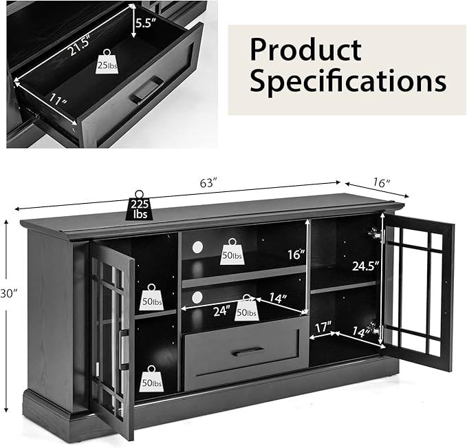 Tangkula Farmhouse TV Stand for TV up to 70 Inch, Tall Media Console Table w/2 Glass Doors, Entertainment Center w/Cubbies & Drawer, Storage Cabinet or Sideboard Buffet for Living Room (Black)