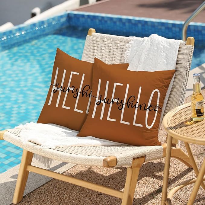 DFXSZ Outdoor Pillow Covers 18x18 Inch Set of 2 Hello Sunshine Decor Rust Waterproof Summer Outdoor Pillowcases Decor for Patio Funiture Garden Sofa Couch 020L18