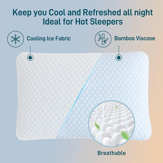 Shredded Memory Foam Cooling Soft Pillows Queen Size Set of 2, Adjustable Hypoallergenic Hotel Quality Pillow for Back, Stomach and Side Sleeper Sleeper, Bamboo Viscose Cover, Oeko-TEX Certified