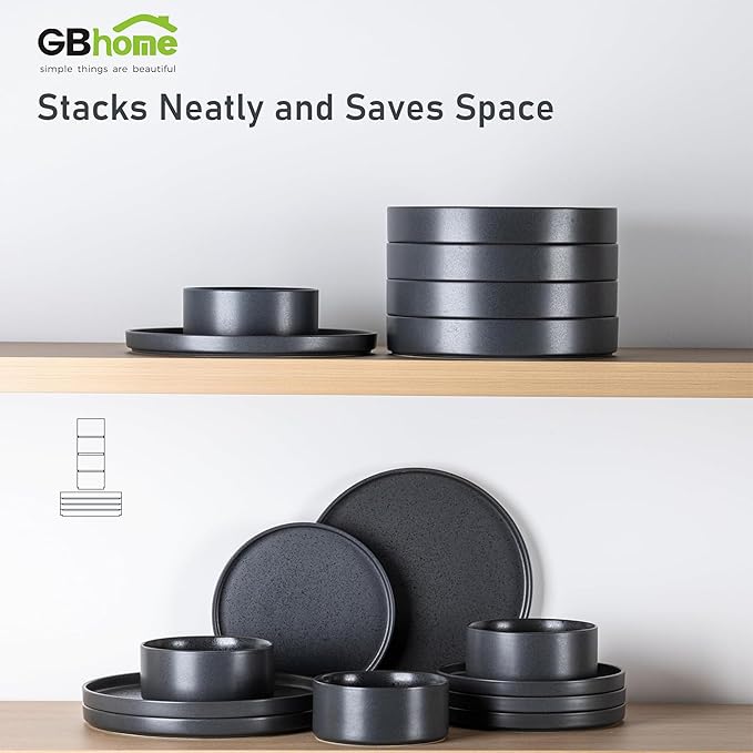 GBHOME Ceramic Dinnerware Sets for 4, Stoneware Plates and Bowls Sets, Chip and Scratch Resistant Dishes, Dishwasher & Microwave& Oven Safe Dishes sets, Reactive Glaze-Speckled Black